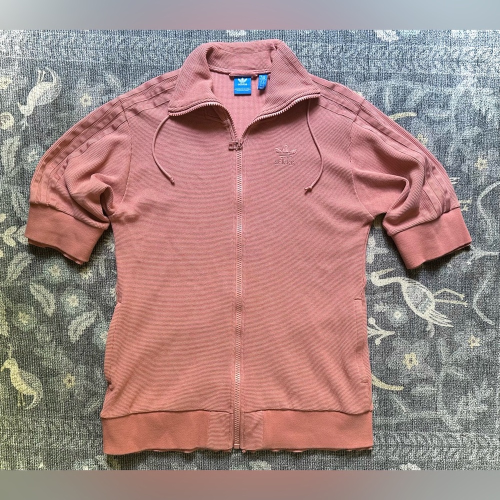 Adidas Womens Raw Pink Short Sleeve Full Zip Waffle Knit Track Top - Picture 1 of 6